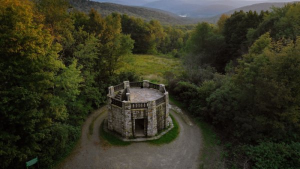 Aerial of Stone Tower at Allegany State Park taken by Dan Kutcha